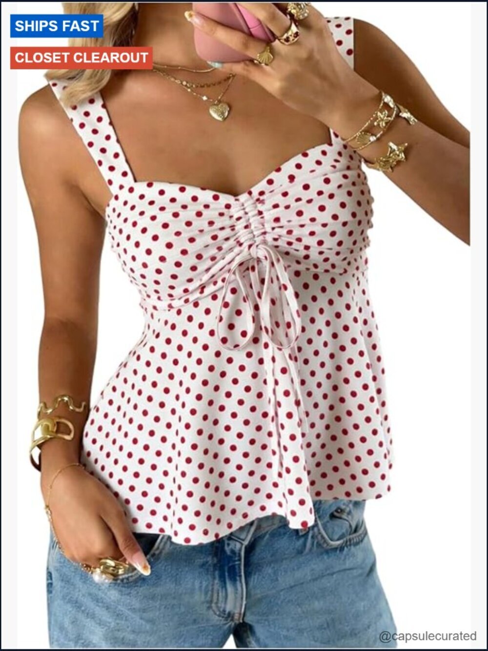 Cute Babydoll Top Polka Dots Sleeveless Ruched Peplum Crop Tank